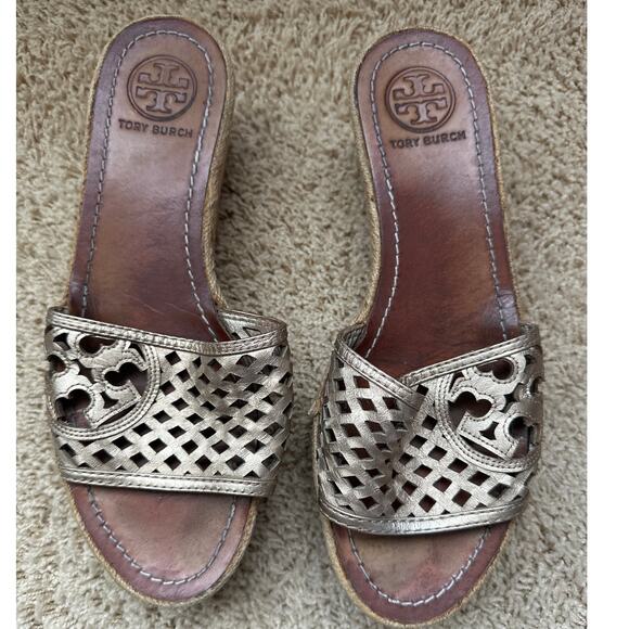 Tory Burch Bronze Leather Thatched Platform Wedge Sandals Size 8.5 - Picture 2 of 10